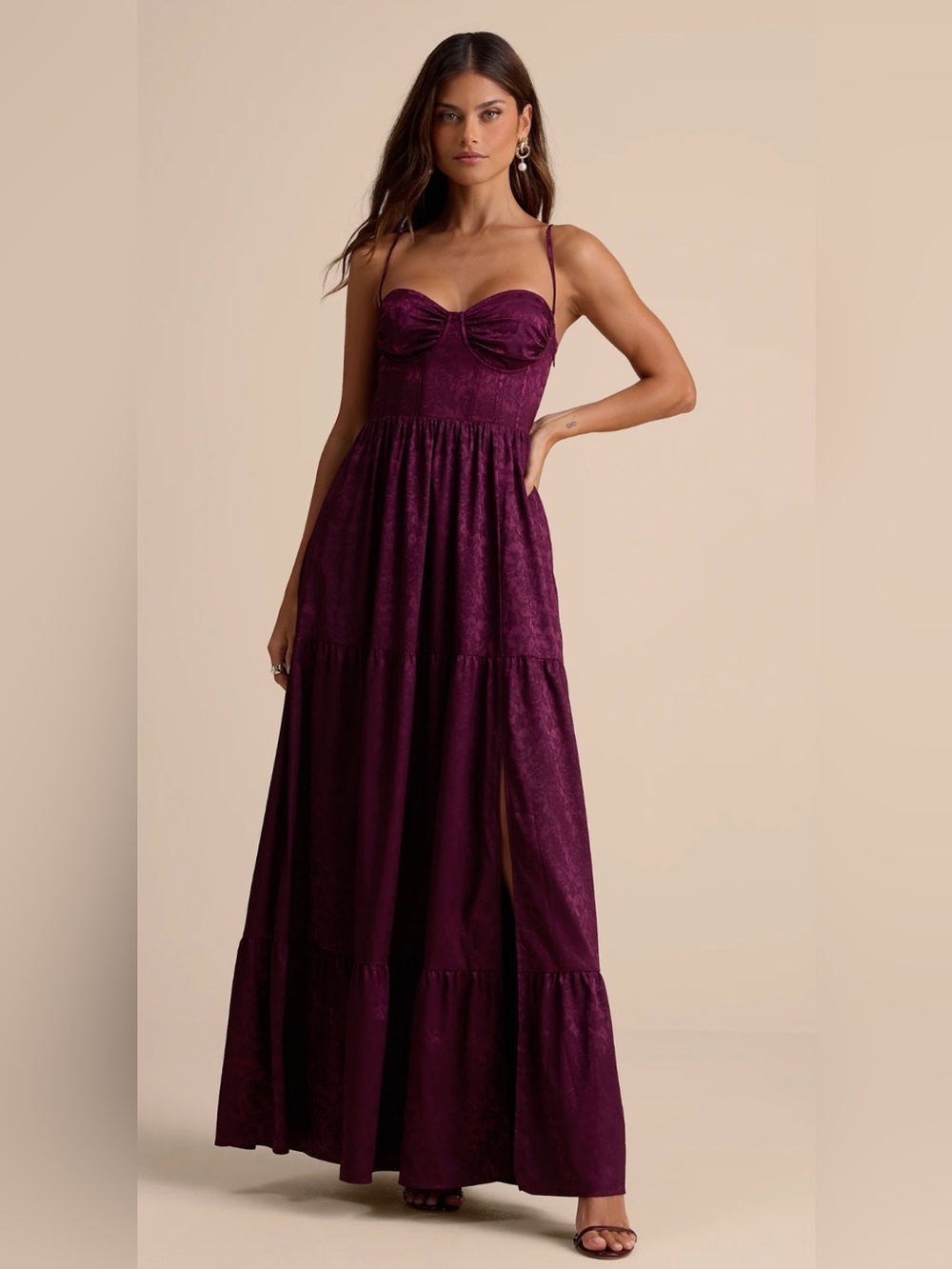 Vasilia Plum Purple Satin Jacquard Tiered Corset Maxi Dress
